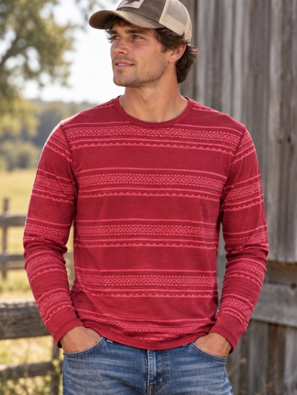 Hollister Red Aztec Print Long Sleeve Shirt Size L